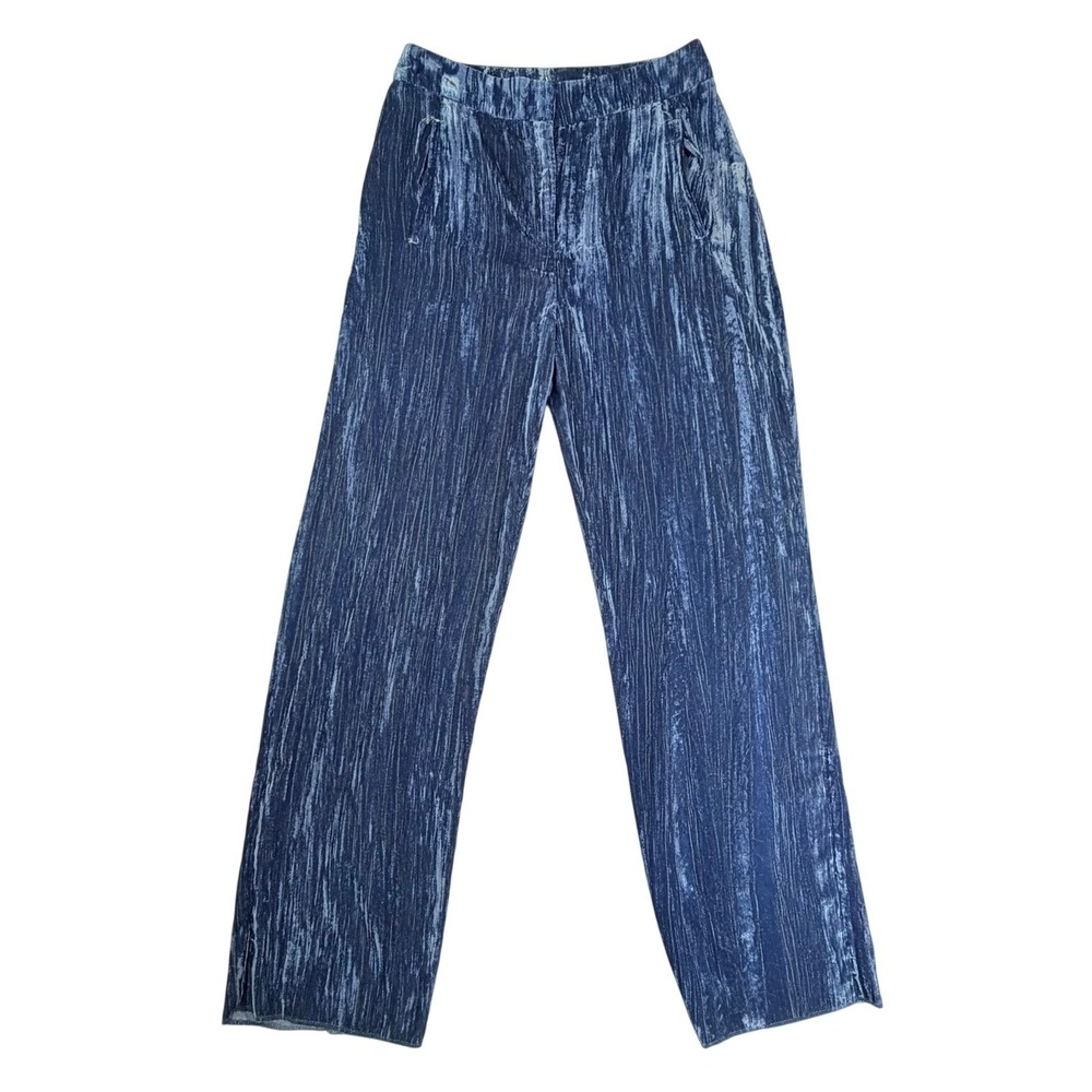 Topshop Velvet Pants Womens 6 Blue Crushed Wide Leg High Rise Pleated Trousers